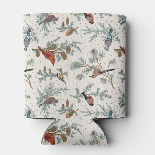 Wintervogels en dennentakken patroon blikjeskoeler (Achterkant)