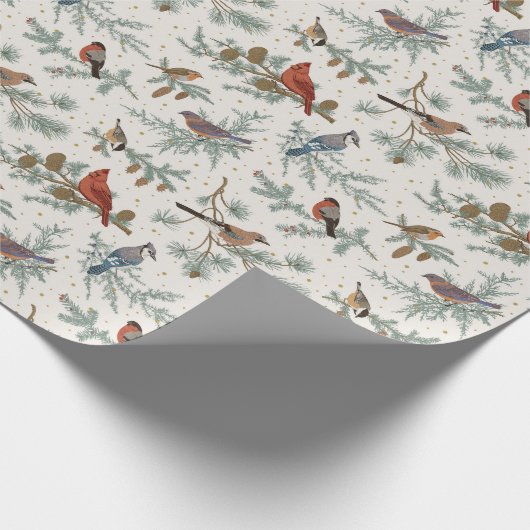 Wintervogels en dennentakken patroon cadeaupapier (Hoek)
