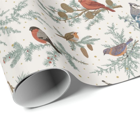 Wintervogels en dennentakken patroon cadeaupapier (Rol Hoek)