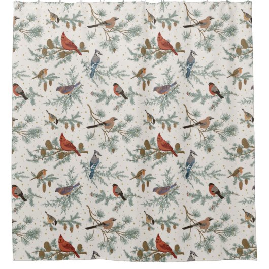 Wintervogels en dennentakken patroon douchegordijn (Voorkant)