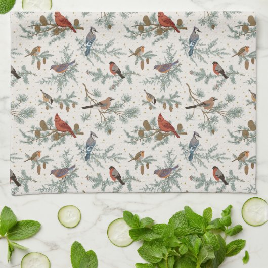 Wintervogels en dennentakken patroon theedoek (Gevouwen)