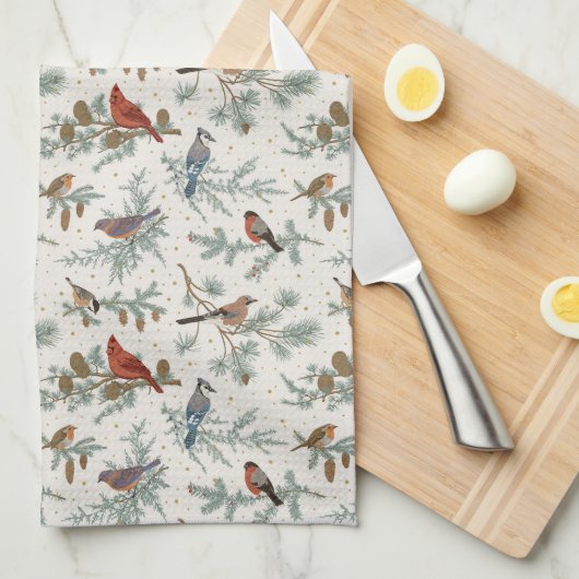 Wintervogels en dennentakken patroon theedoek (Quarter Fold)