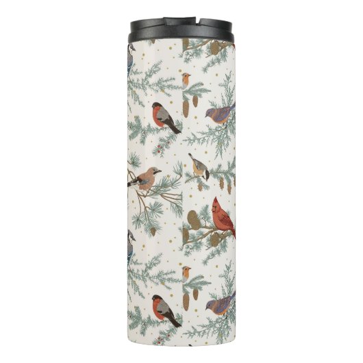 Wintervogels en dennentakken patroon thermosbeker (Achterkant)