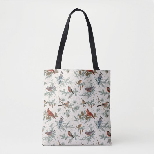 Wintervogels en dennentakken patroon tote bag (Voorkant)