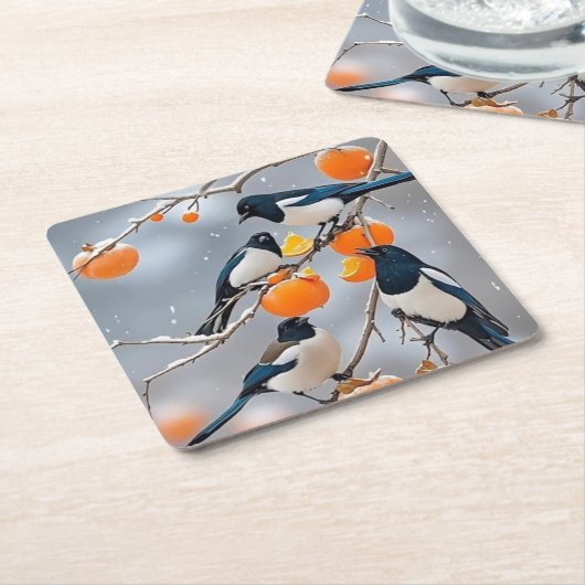 Wintervogels en persimmons kartonnen onderzetters (Schuin)