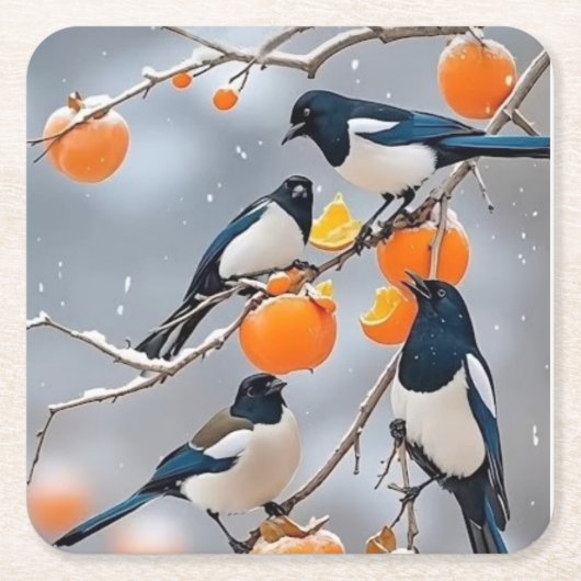 Wintervogels en persimmons kartonnen onderzetters (Voorkant)