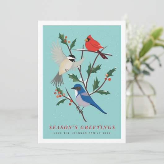 Wintervogels geïllustreerd feestdagenkaart (Staand voorkant)