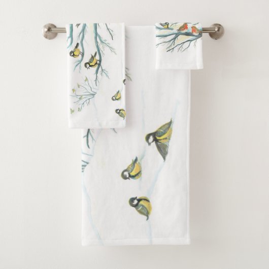 Wintervogels in een sneeuwbos bad handdoek (Insitu)