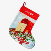 Wintervogels op Snowy Red Post Box gepersonaliseer Grote Kerstsok (Voorkant (Hangend))