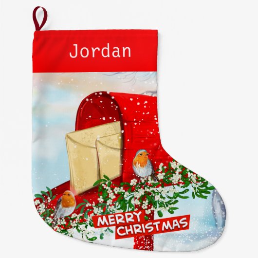 Wintervogels op Snowy Red Post Box gepersonaliseer Grote Kerstsok (Voorkant)