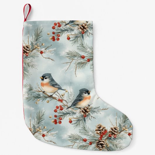 Wintervogels patroon met pinecones en sneeuw kleine kerstsok (Voorkant)