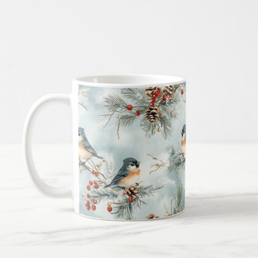 Wintervogels patroon met pinecones en sneeuw koffiemok (Links)