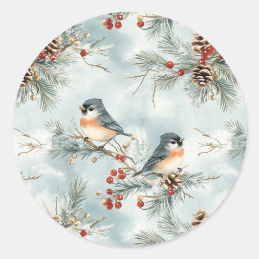 Wintervogels patroon met pinecones en sneeuw ronde sticker (Voorkant)