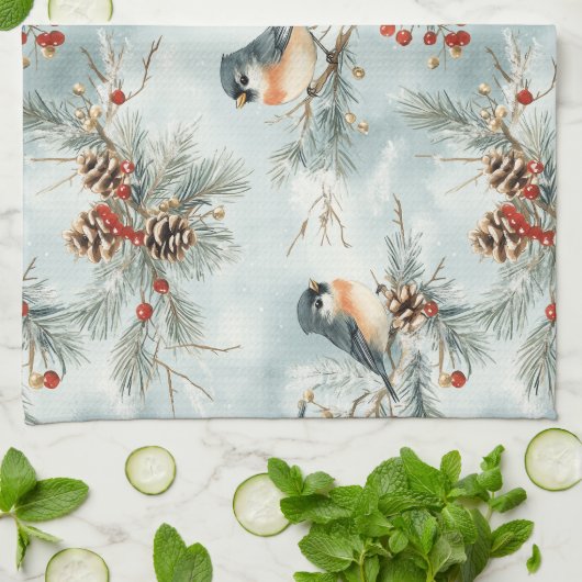 Wintervogels patroon met pinecones en sneeuw theedoek (Gevouwen)