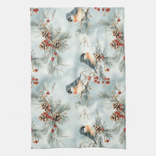 Wintervogels patroon met pinecones en sneeuw theedoek (Verticaal)