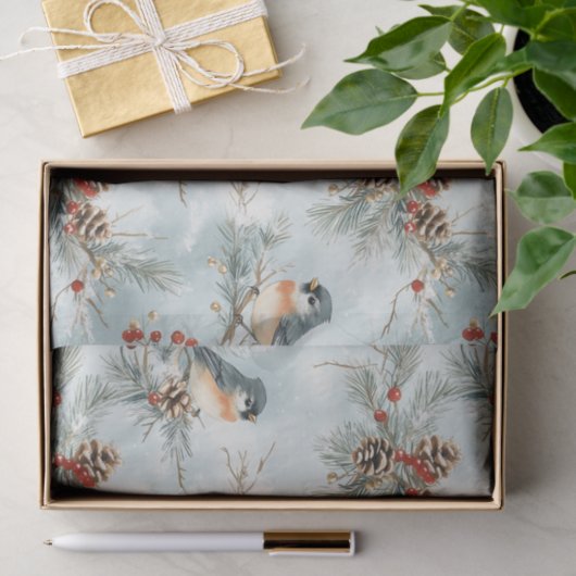 Wintervogels patroon met pinecones en sneeuw tissuepapier (Geschenk)