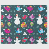 Wintervogels spelen in de sneeuw met sneeuwman cadeaupapier (Vlak)