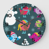 Wintervogels spelen in de sneeuw met sneeuwman grote klok (Voorkant)