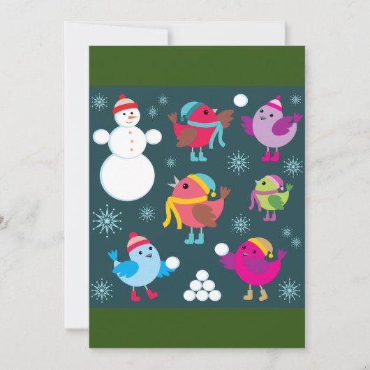 Wintervogels spelen in de sneeuw met sneeuwman kaart (Voorkant)