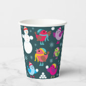 Wintervogels spelen in de sneeuw met sneeuwman papieren bekers (Voorkant)