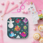 Wintervogels spelen in de sneeuw met sneeuwman papieren bordje (Feest)