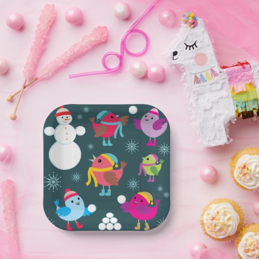 Wintervogels spelen in de sneeuw met sneeuwman papieren bordje (Feest)