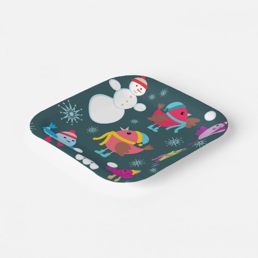 Wintervogels spelen in de sneeuw met sneeuwman papieren bordje (Gebogen)