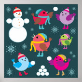 Wintervogels spelen in de sneeuw met sneeuwman poster (Voorkant)