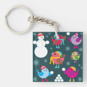 Wintervogels spelen in de sneeuw met sneeuwman sleutelhanger (Voorkant)