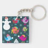 Wintervogels spelen in de sneeuw met sneeuwman sleutelhanger (Achterkant)