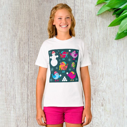 Wintervogels spelen in de sneeuw met sneeuwman t-shirt