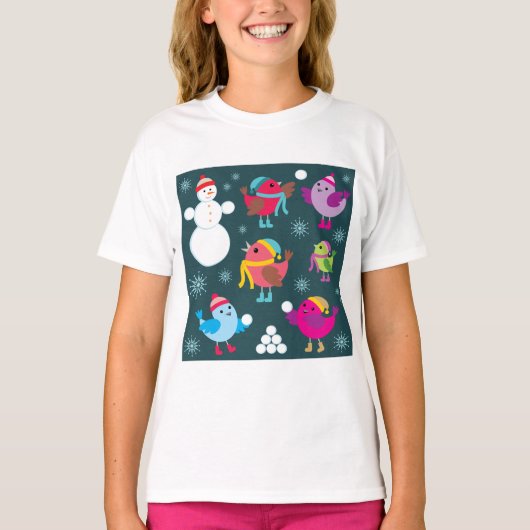 Wintervogels spelen in de sneeuw met sneeuwman t-shirt (Voorkant)