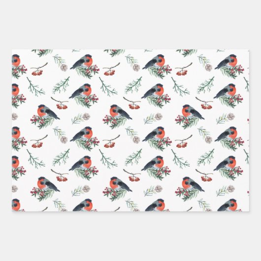 Wintervogels voeden zich met rode bessen Kerstmis Inpakpapier Vel (Voorkant 3)