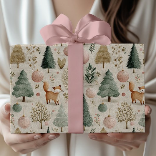 Wintervos en kerstboom met pastel Ornament Cadeaupapier