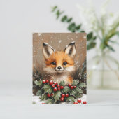 Wintervos met hulst en besneeuwde dennenboom briefkaart (Staand voorkant)