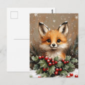Wintervos met hulst en besneeuwde dennenboom briefkaart (Voorkant / Achterkant)