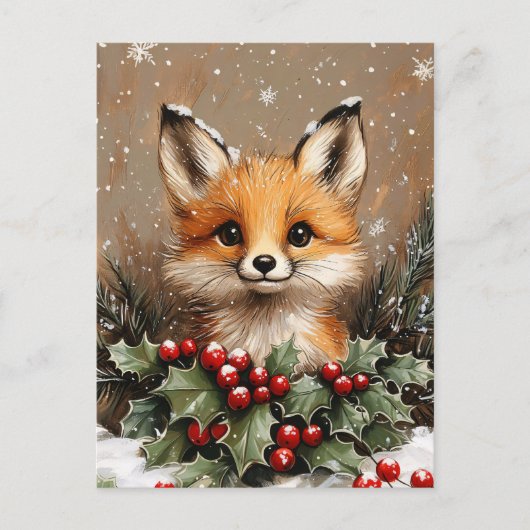 Wintervos met hulst en besneeuwde dennenboom briefkaart (Voorkant)