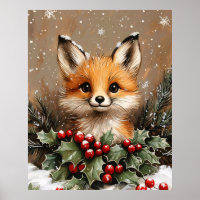 Wintervos met Hulst en Besneeuwde Dennenboom