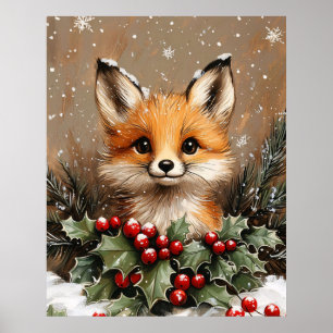 Wintervos met Hulst en Besneeuwde Dennenboom Poster