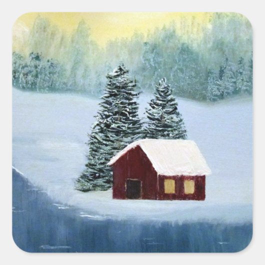 Wintervredeslandschap Bevroren Cabin Scene Vierkante Sticker (Voorkant)