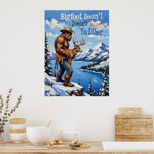Winterwake: het besneeuwde Uitzicht van Bigfoot Poster (Keuken)