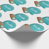 Winterwanten schattig sneeuwvlok blauw bruin wolle cadeaupapier (Hoek)