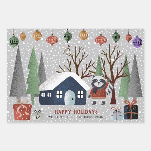 Winterwasbeer, Vrolijk kerstfeest en sneeuwvlokken Inpakpapier Vel (Voorkant)