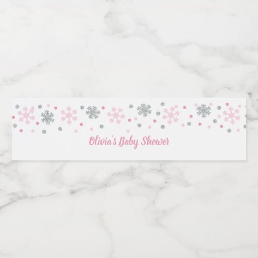 Winterwaterfleslabels roze zilversneeuwvlokken waterfles etiket (Enkel label)