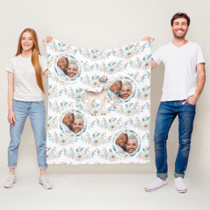WinterWaterverf deer Flowers Blue FOTO Blanket Fleece Deken