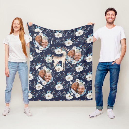 WinterWaterverf deer Flowers Blue FOTO Blanket Fleece Deken (In situ)