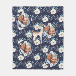 WinterWaterverf deer Flowers Blue FOTO Blanket Fleece Deken