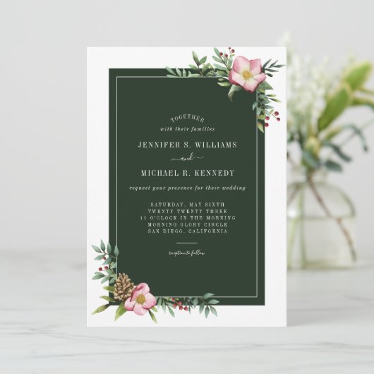 WinterWaterverf Kerstmis Roos Groenen Kaart (Staand voorkant)