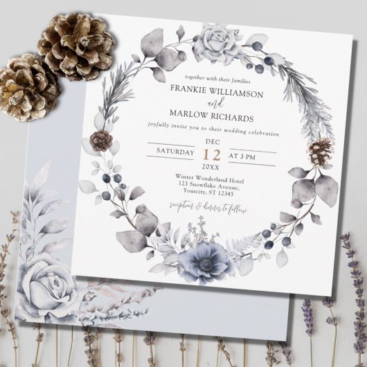 WinterWaterverf Pine Cone Floral Wreath Wedding Kaart
