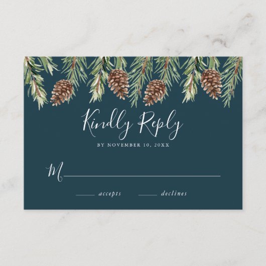 WinterWaterverf Pine Cone Wedding RSVP Informatiekaartje (Voorkant)